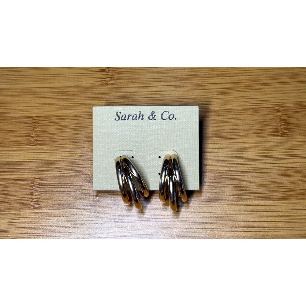 Sarah & Co Chunky Triple Ribbed Hoop Earrings Mixed Metal Two Tone NWT